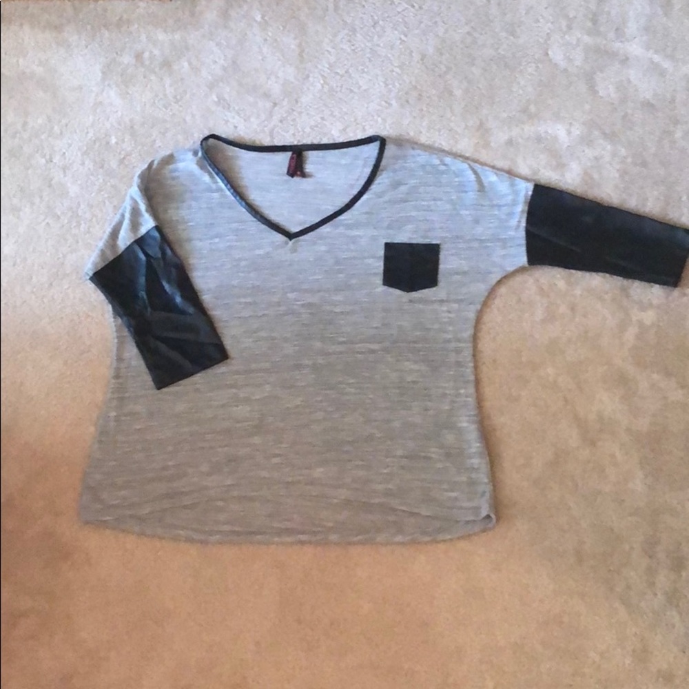 Faux Leather 3/4 sleeve shirt with front pocket